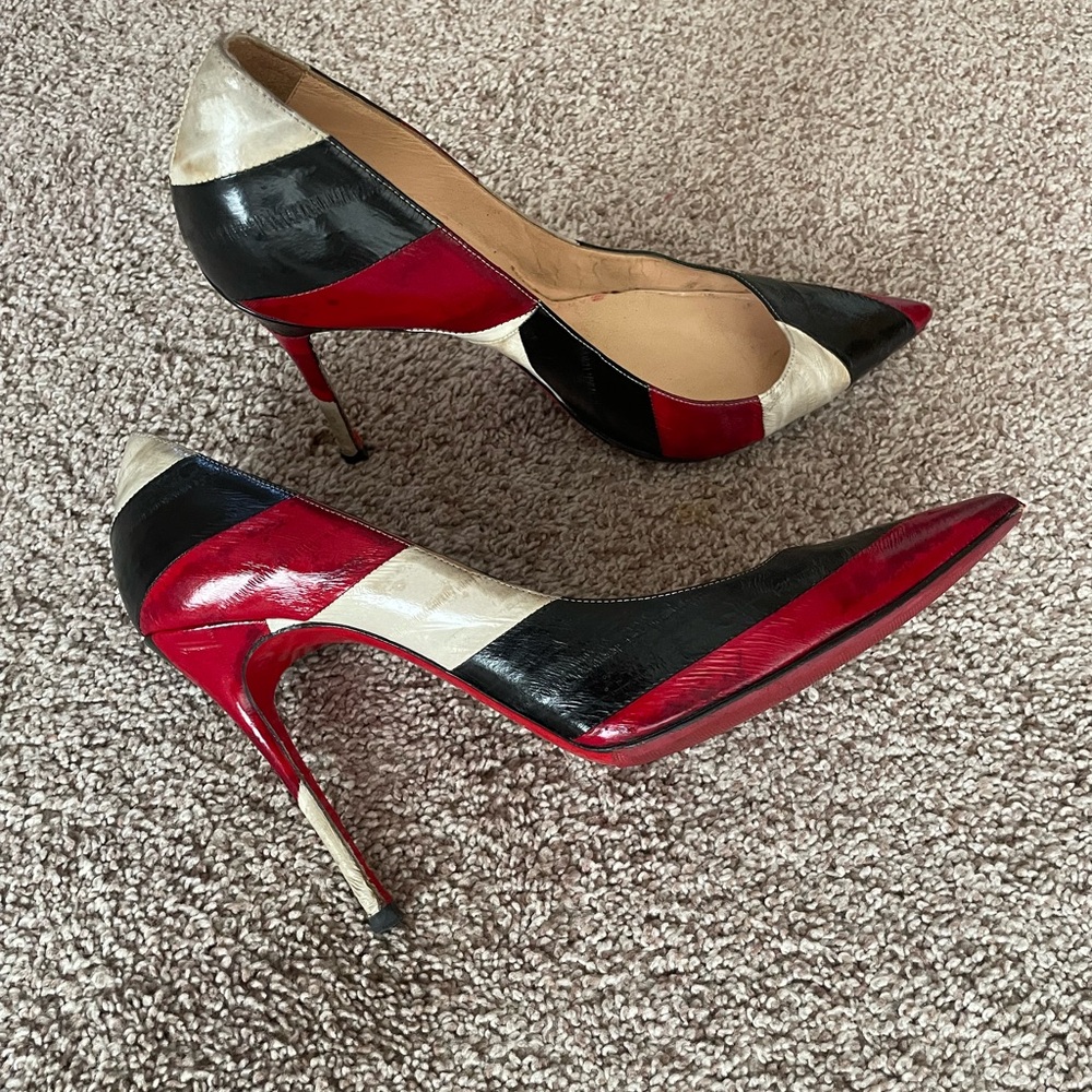 Christian Louboutin Red, Black, and Cream Heels